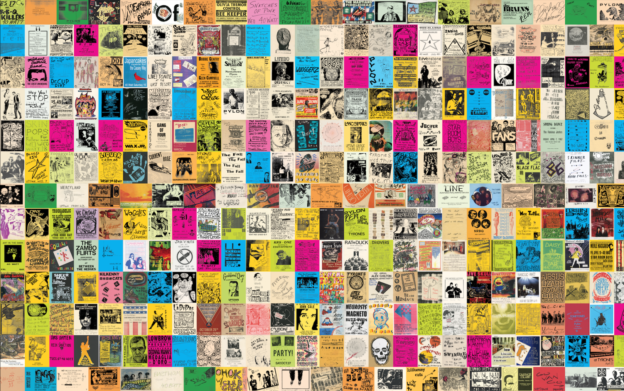 flyers from various bands in a grid